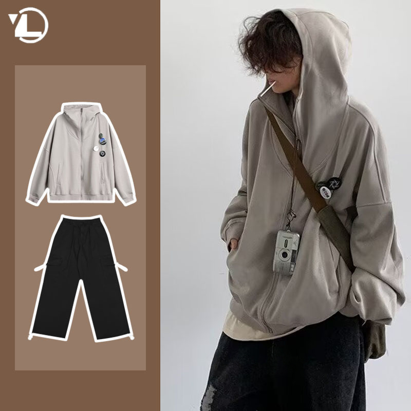 Vintage Zip Hoodie - Sonbahar kolej rahat seti erkekler japon