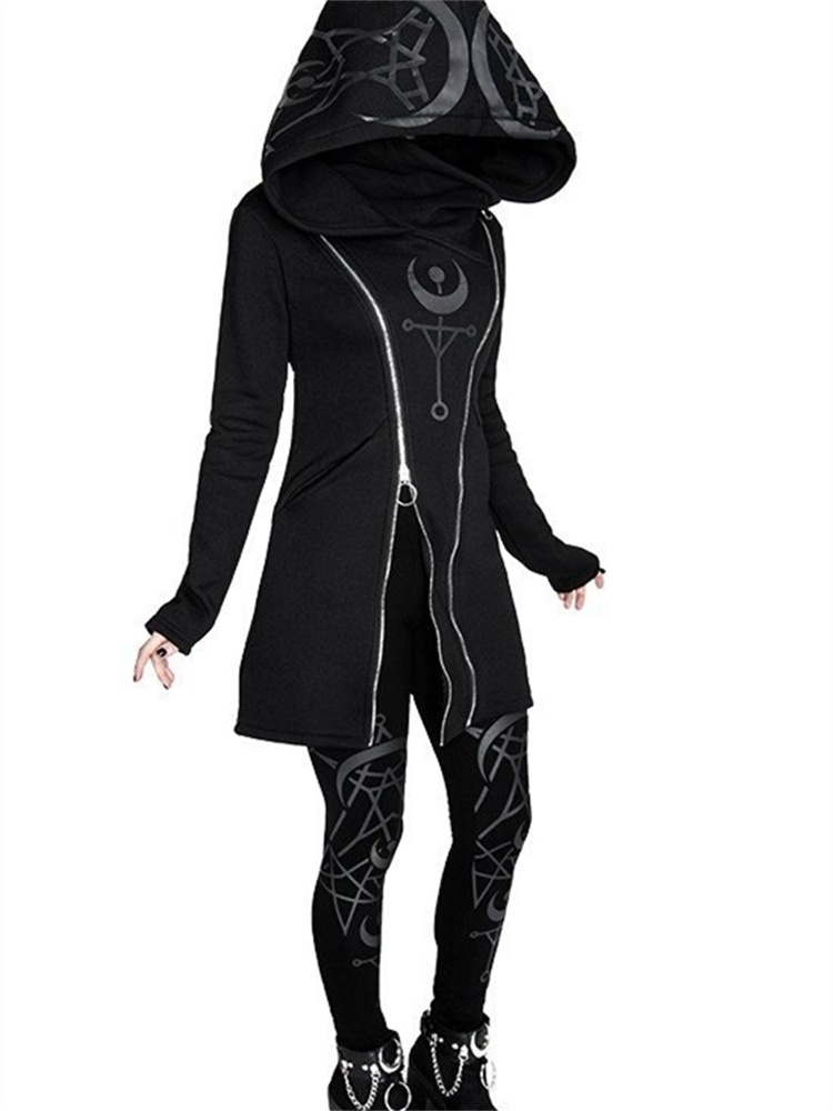 Vintage Zip Hoodie - Gotik Punk baskı uzun kollu üst