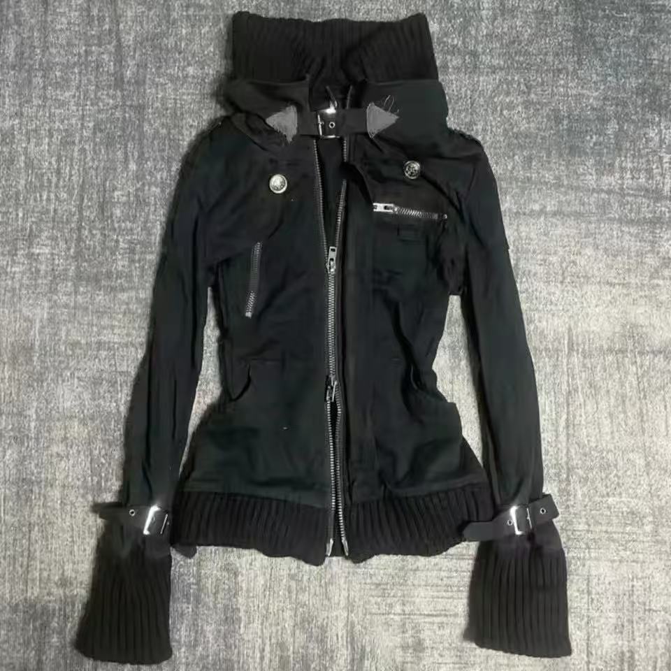 Vintage Zip Hoodie - Y2K Gotik Siyah İnce Çift Fermuarlı