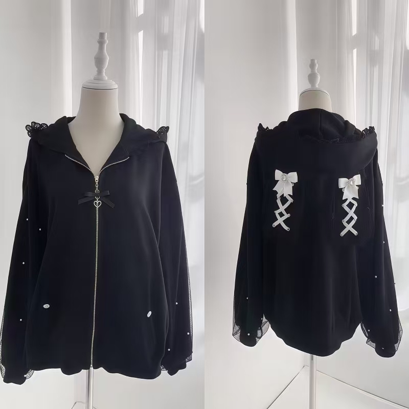 Vintage Zip Hoodie - Kadınlar İçin Kışlık Tavşan Kulaklı Lolita